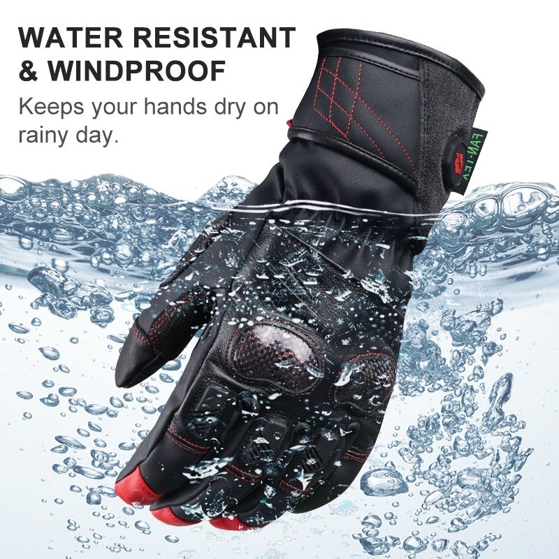 A consumer-focused hero shot of the stylish leather heated gloves in a snowy environment, conveying premium quality and total protection.