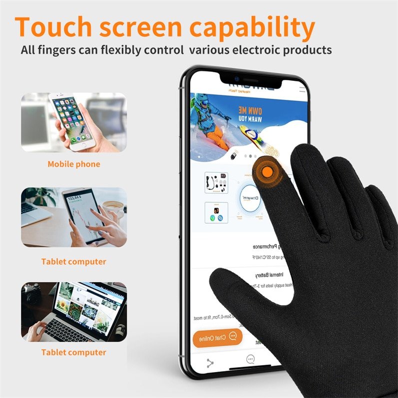 Composite image showcasing the key features of Dr.Warm heated inner gloves: thin profile, waterproof construction, rechargeable battery pocket, and comfortable fit.