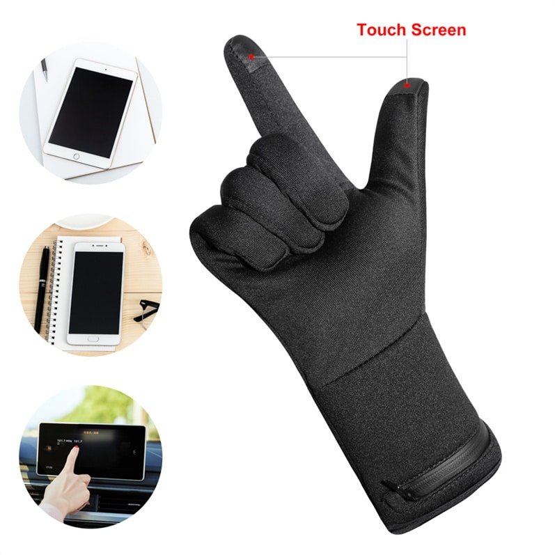 Infographic stating HUNTED glove liners feature a touch screen design, perfect for people with arthritis, Raynaud's disease, stiff joints, and poor circulation.