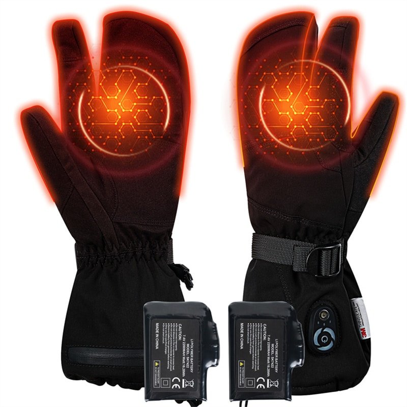 Dr.Warm electric heated ski gloves with a unique 3-finger (mitten) design, showcasing touchscreen fingertips and a sleek look for snowboarding.
