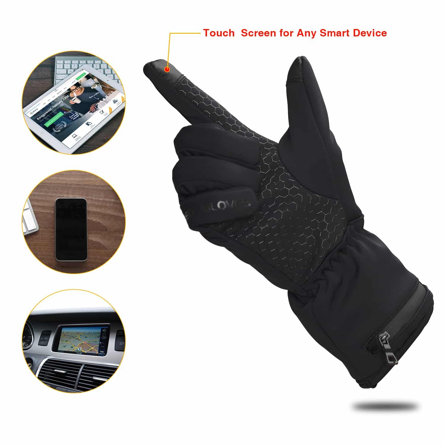A person using a smartphone with their fingertips through the heated glove liners, demonstrating the touchscreen and anti-skip features in a windy outdoor setting.