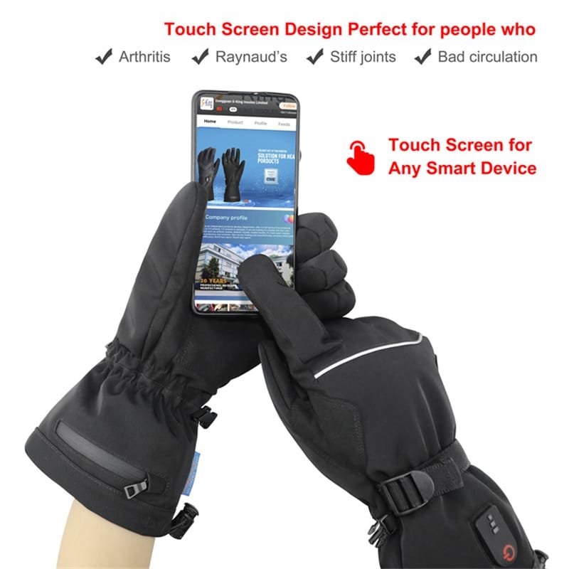 A person using a smartphone seamlessly with their fingertips while wearing Dr.Warm G25 heated gloves, showcasing the touchscreen functionality.