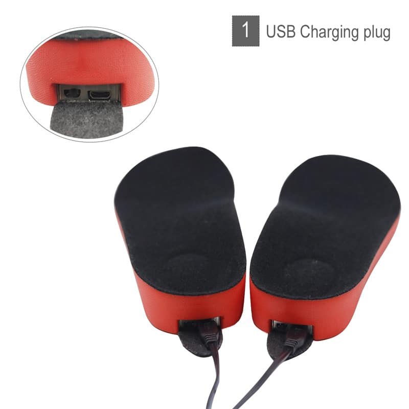 USB cable plugging into the rechargeable battery of the Dr.warm R3-1 heated insoles.