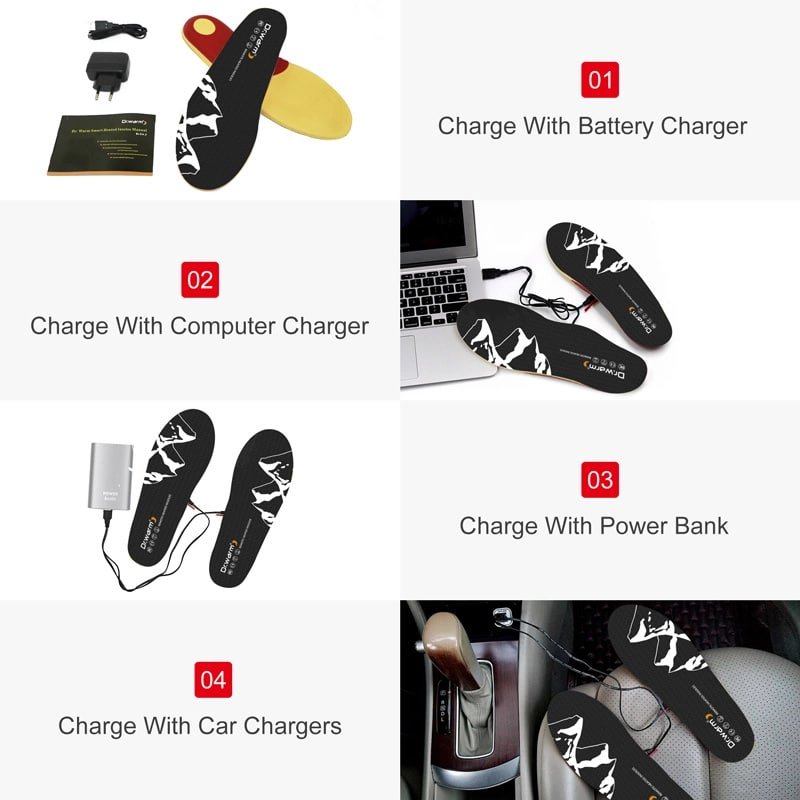 Diagram illustrating four methods to recharge Dr.warm heated insoles: using a wall charger, computer, power bank, or car charger.