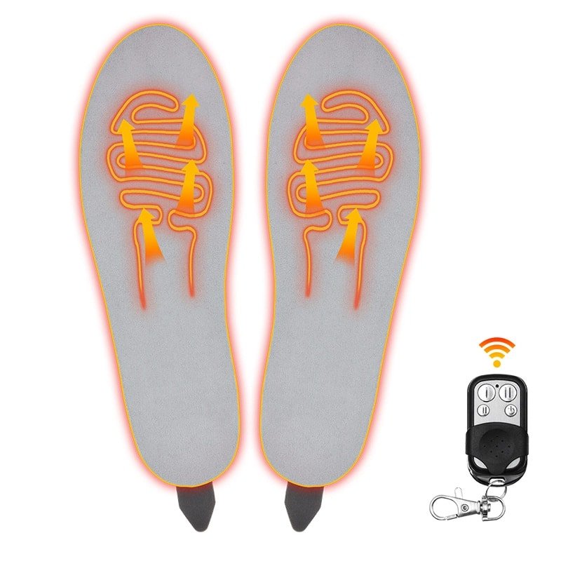 Comfortable Dr.Warm heated insoles with a soft cotton top layer and EVA base, showcasing the USB charging port and remote control for easy warmth adjustment.