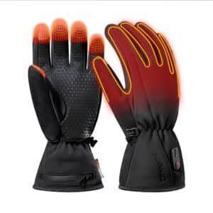 Dr.Warm G22+ ultra-thin heated glove liners being worn under ski gloves, showcasing the touchscreen-compatible fingertips and slim profile for dexterity on the slopes.