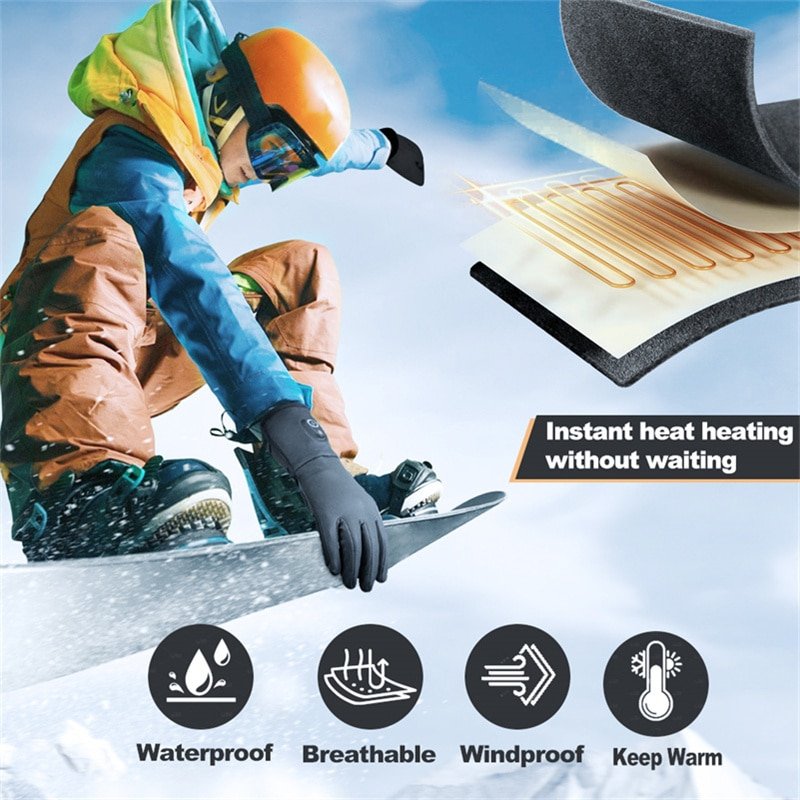 Dr.Warm G44-2 heated gloves depicted as suitable for both skiing and motorcycle riding, emphasizing their dual-sport versatility.