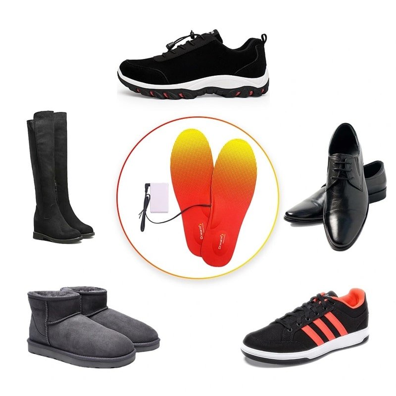 Collage image showing the wired heated insoles used in three scenarios: hunting stand, ski slope, and ice fishing hole.