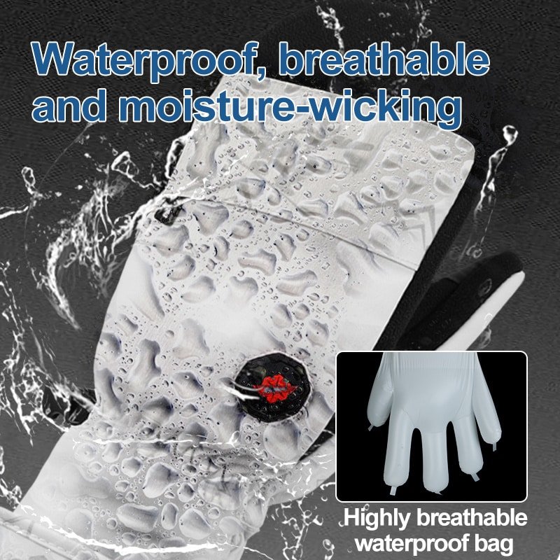Water beading on the surface of Dr.Warm waterproof heated ski gloves, demonstrating their protection against snow and wet conditions.