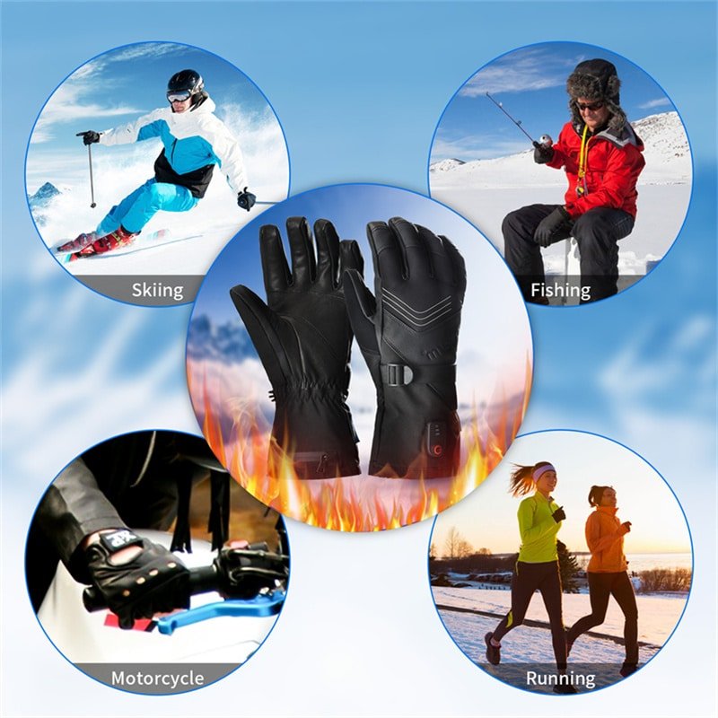 A person wearing Dr.Warm waterproof heated gloves while skiing, hiking in snow, or performing outdoor winter tasks, demonstrating versatility.