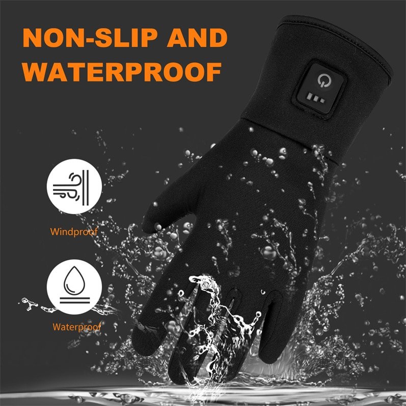 Close-up view of Dr.Warm heated inner gloves highlighting the soft milk silk fabric interior and the waterproof outer layer construction.