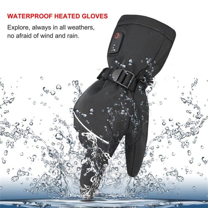 Dr.Warm G25 heated gloves repelling water and wind in a snowy, cold environment, highlighting the protective outer layer.