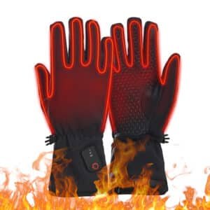 Dr.Warm G22 heated glove liners shown in use across various outdoor activities: motorcycling, camping by a tent, hiking on a trail, and skiing.