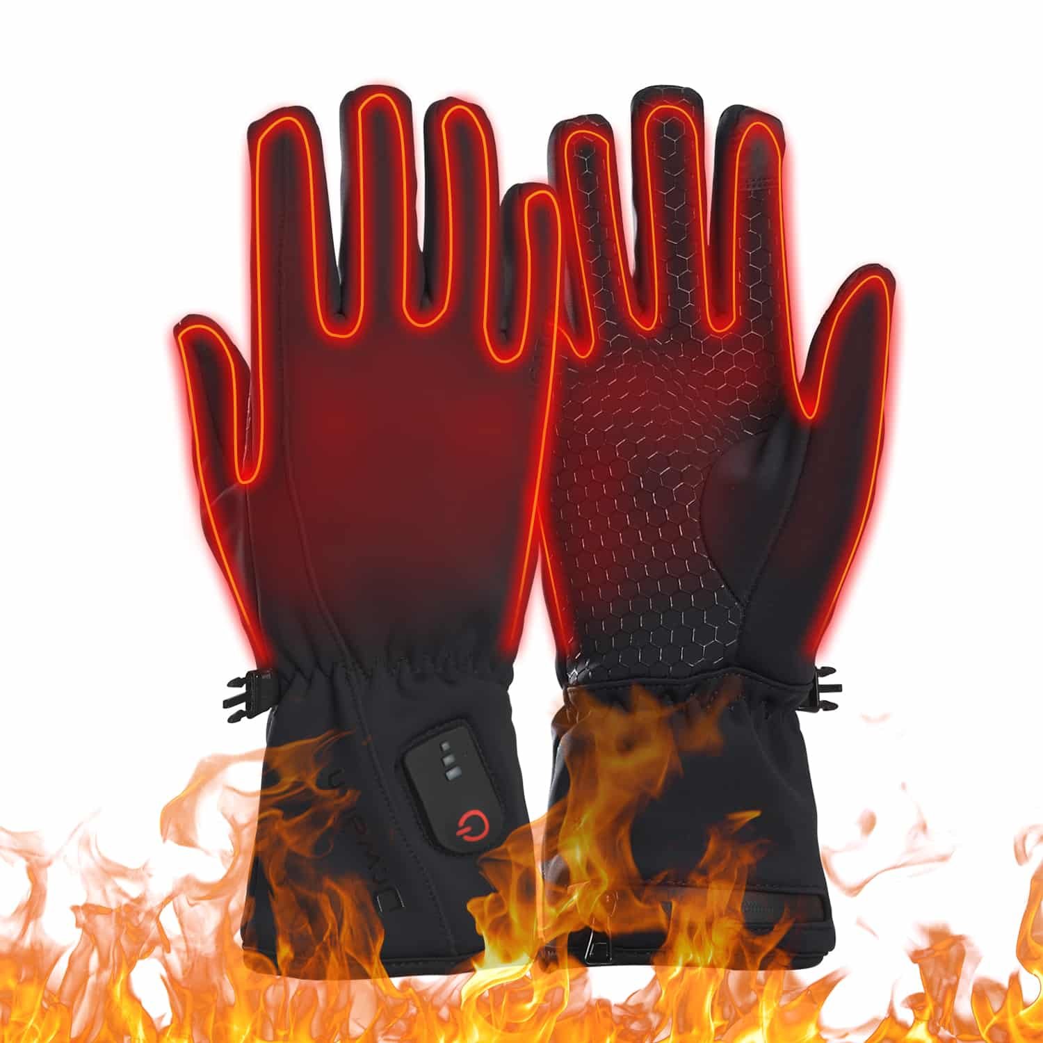 Dr.Warm G22 heated glove liners shown in use across various outdoor activities: motorcycling, camping by a tent, hiking on a trail, and skiing.