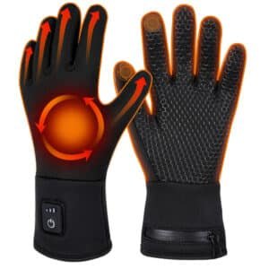 A person wearing thin Dr.Warm heated glove liners while cycling in winter or holding a fishing rod, showcasing the gloves as a warm inner layer.