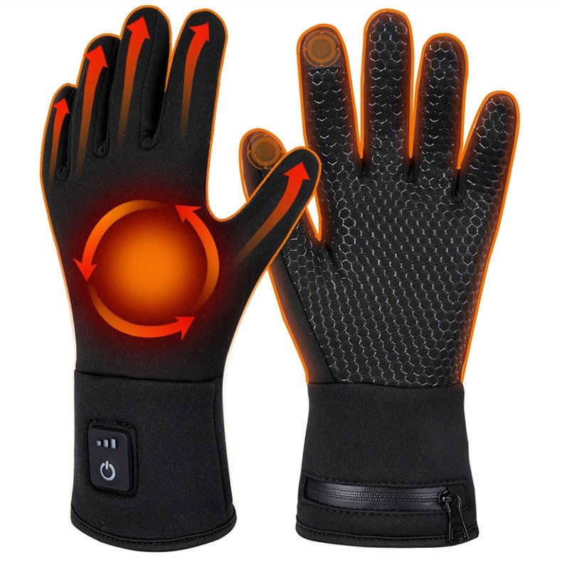 A person wearing thin Dr.Warm heated glove liners while cycling in winter or holding a fishing rod, showcasing the gloves as a warm inner layer.