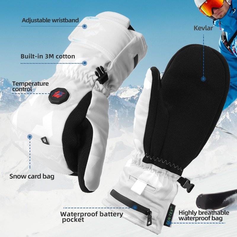 A skier wearing Dr.Warm custom heated ski gloves, with heat distributed across all fingers and palms for comprehensive cold-weather protection.