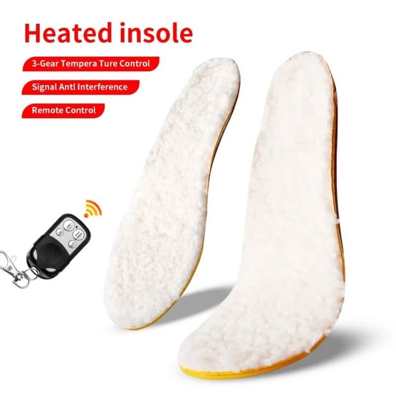 Main product image for Dr.warm heated insoles featuring key benefits: 3-gear temperature control, anti-interference signal, and remote control.