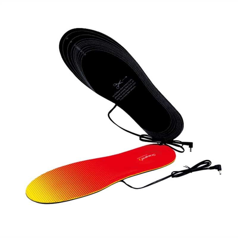 Complete set of wired electric heated insoles designed for winter outdoor activities like hunting, skiing, and fishing.