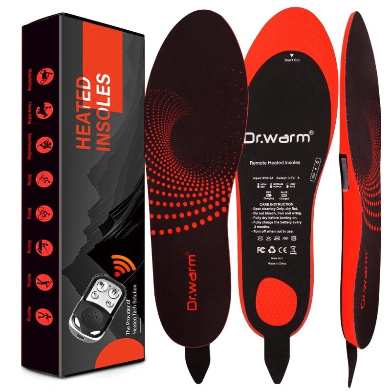Dr.Warm heated shoe insoles with remote control being used in winter boots during activities like skiing and hiking, showcasing wireless convenience and targeted warmth.