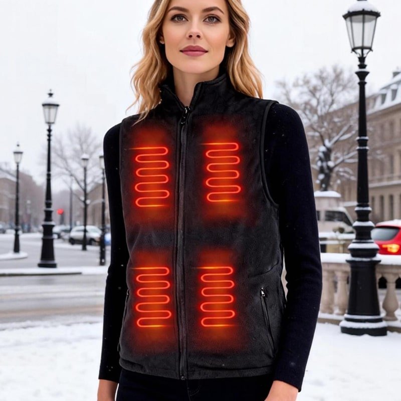 Woman wearing a black electric heated vest featuring multiple front heating panels