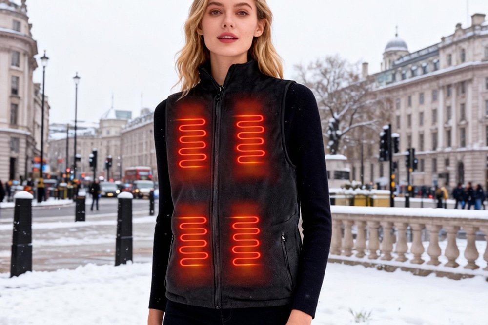 Woman wearing a heated jacket vest with visible multi-zone front heating panels in a snowy city street