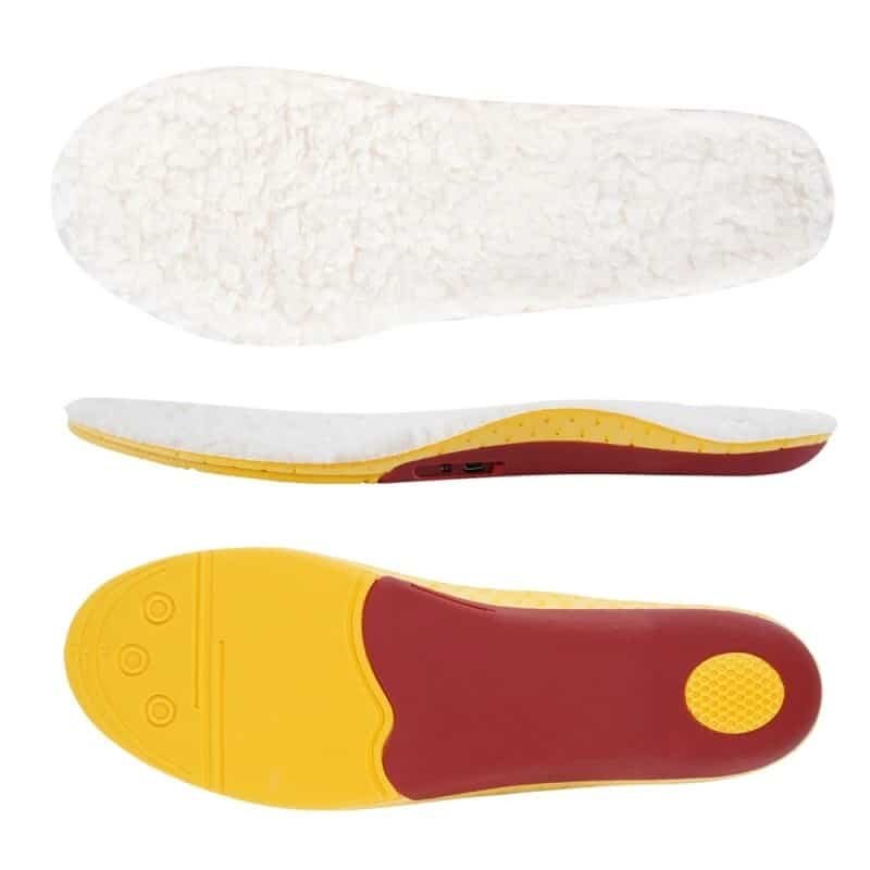 Close-up detail of the natural wool heating material used inside the battery-powered heated shoe insoles.