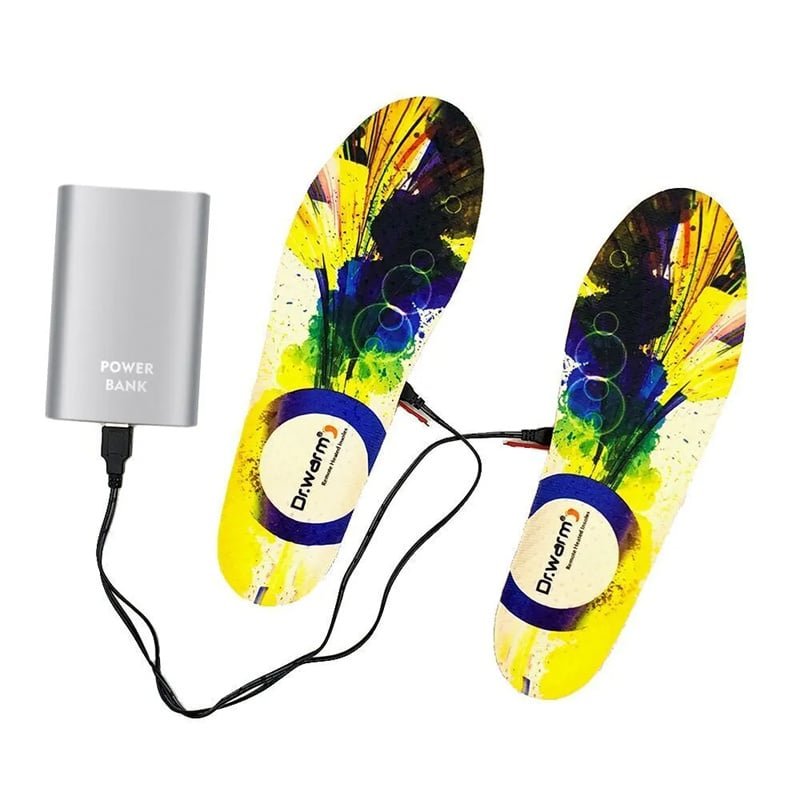 Dr.warm artistic colorful heated insoles in yellow blue green design connected to silver power bank, stylish USB rechargeable electric heated insoles for winter fashion and comfort