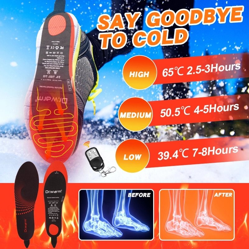 Diagram showing the features and benefits of battery-heated insoles inside a work boot for industrial workers in cold environments.