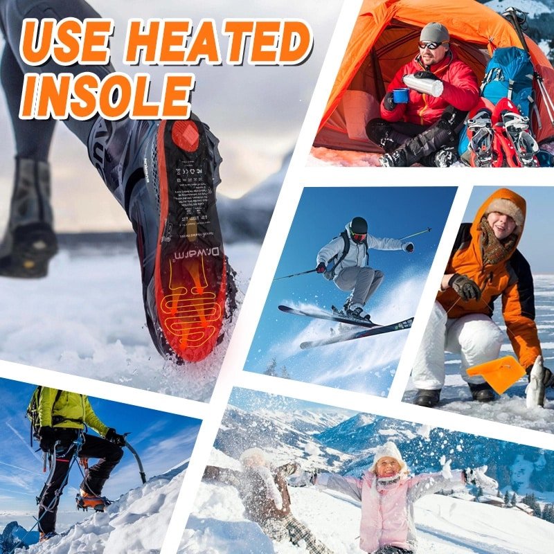 Simple instructional graphic with the text “USE HEATED INSOLE”, demonstrating the basic concept of placing heated insoles inside winter boots or shoes.