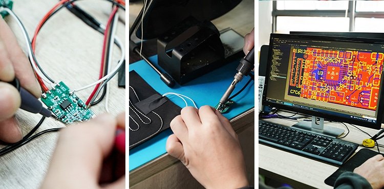Dr. Warm engineering team designing PCBs and heating systems for heated apparel