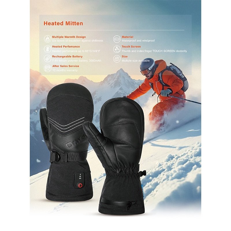battery heated mittens for skiing and winter outdoor sports with rechargeable lithium battery