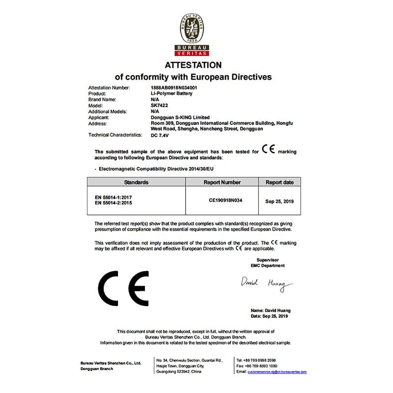 CE certification document for lithium polymer battery used in heated apparel and heated clothing products issued by Bureau Veritas