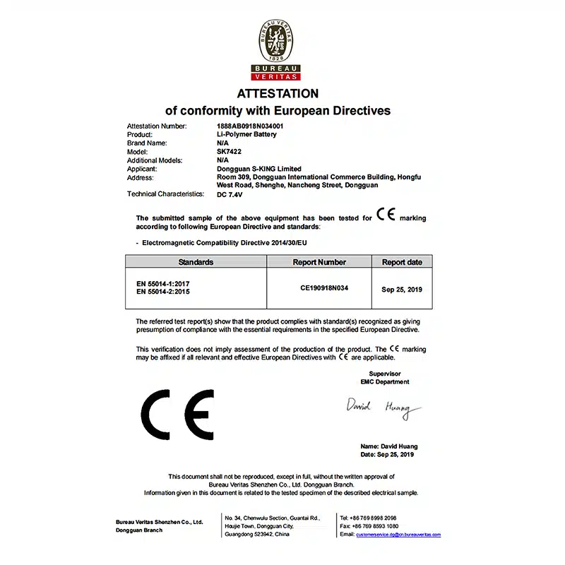 CE certification document for lithium polymer battery used in heated apparel and heated clothing products issued by Bureau Veritas