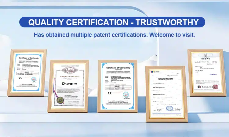 Dr.Warm heated apparel factory certifications including CE certificate, SDS report, patent certification and quality testing certificates