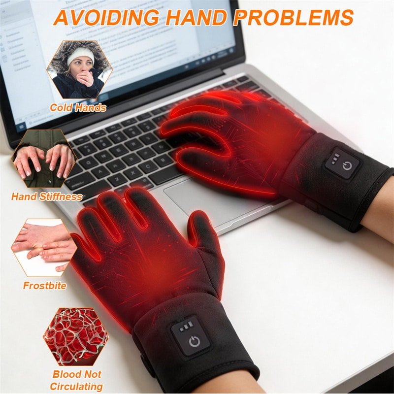 heated gloves warming hands while typing on laptop winter rechargeable battery heated gloves for cold hands stiffness frostbite circulation improvement