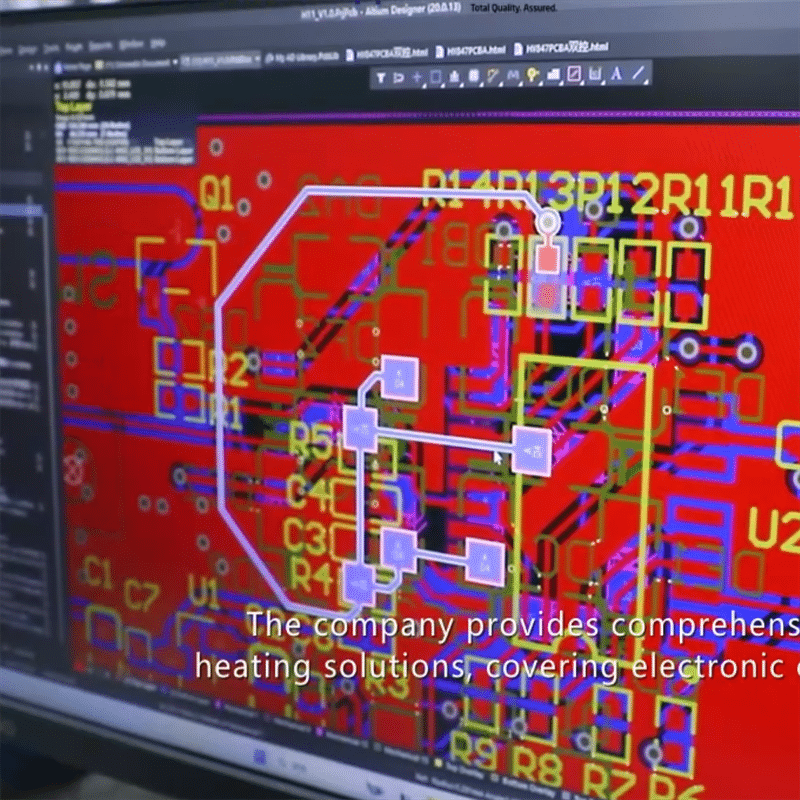engineer reviewing PCBA circuit layout for heated wearable electronics and temperature control system during heated apparel product development