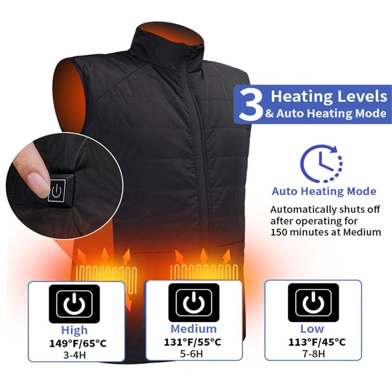 battery heated vest with three heating levels and smart temperature control for winter outdoor activities
