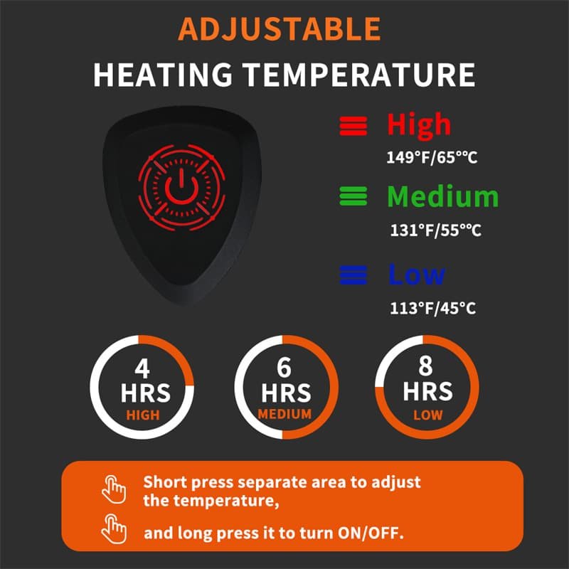 adjustable heated jacket temperature levels showing high medium and low heat settings with battery runtime hours
