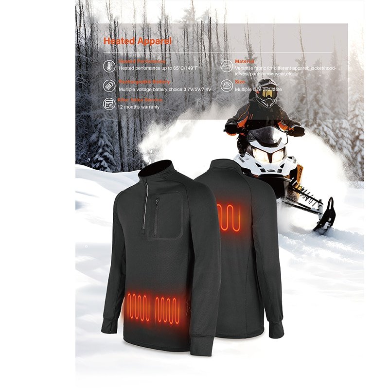 battery powered heated apparel jacket with heating elements used for winter outdoor activities like snowmobiling in cold weather