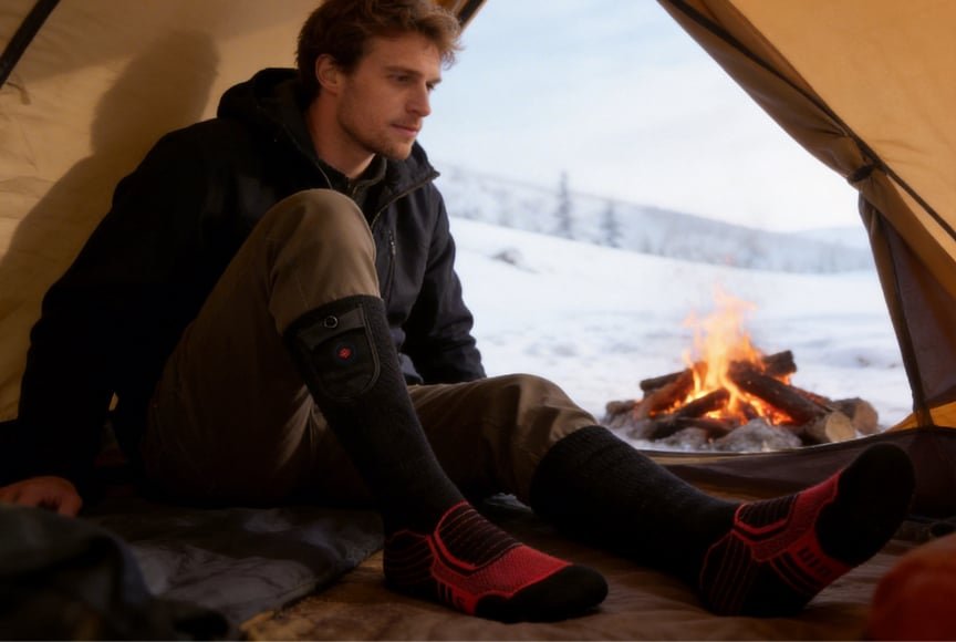 man wearing battery powered heated socks while camping in cold winter conditions inside a tent