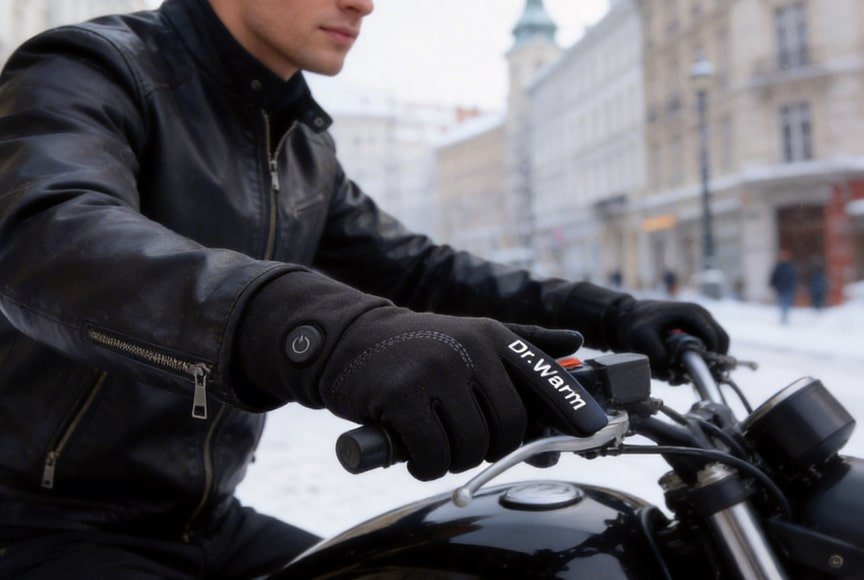 rider wearing battery powered heated gloves while riding a motorcycle in cold winter weather