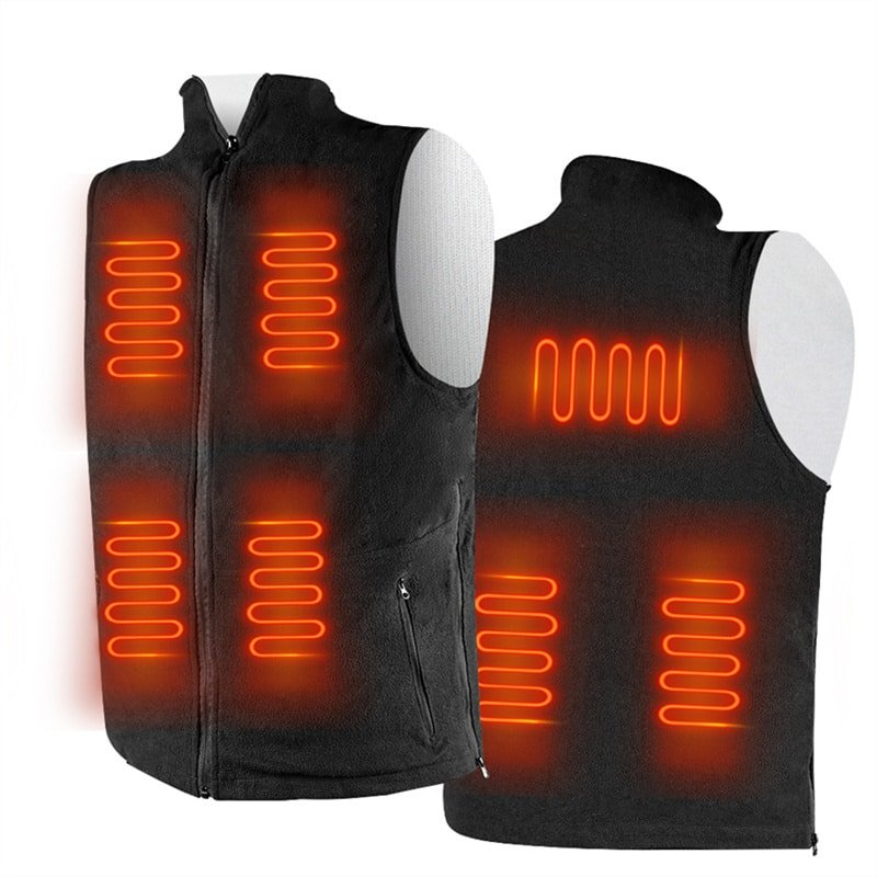 battery powered heated vest with multiple heating zones on chest back and abdomen showing heating elements layout in heated jacket