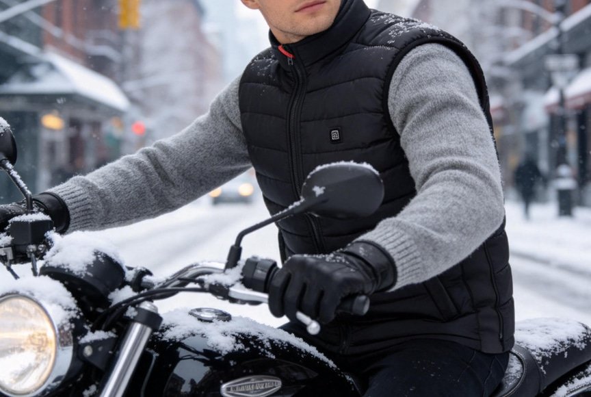 man wearing a battery powered heated vest while riding a motorcycle in winter cold weather