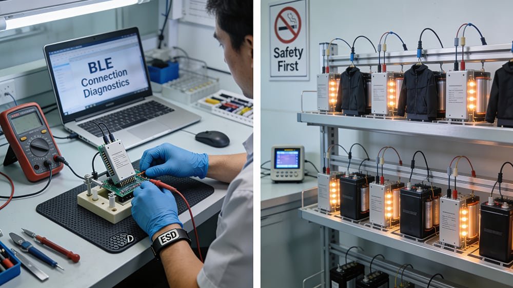 Engineer testing a BLE heating controller module at an electronics QA bench
