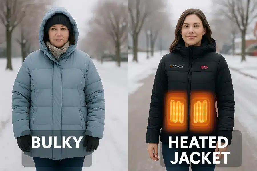 Comparison image illustrating thermal performance differences in outerwear