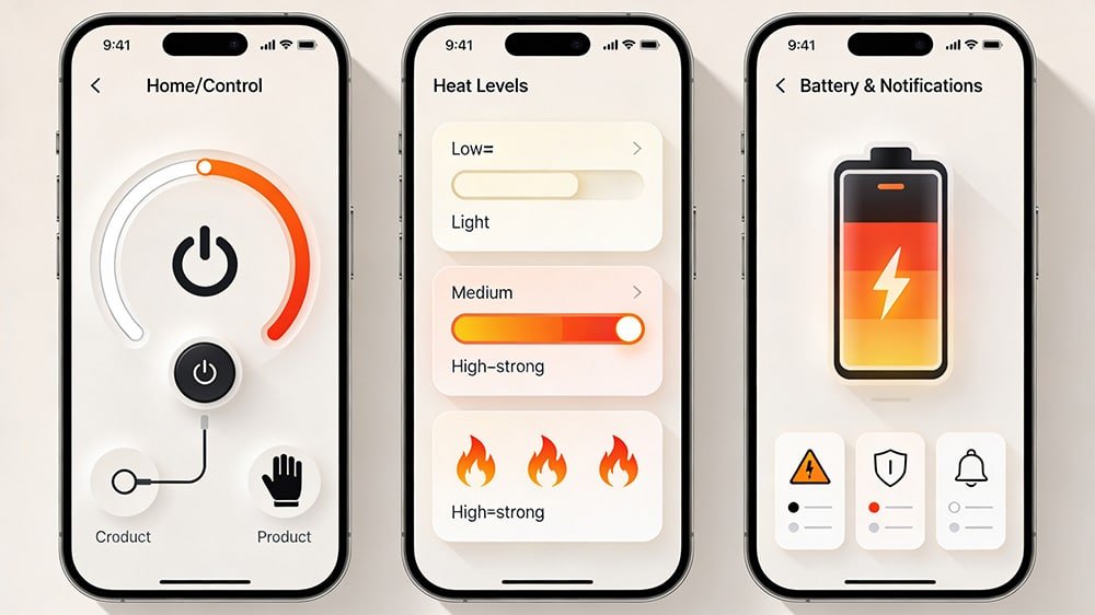 Three smartphone screens showing heating control app interface with heat level adjustment and battery status