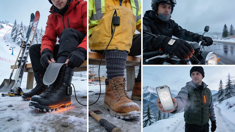 Lifestyle use cases for heated insoles, heated socks, heated gloves, and heated jackets