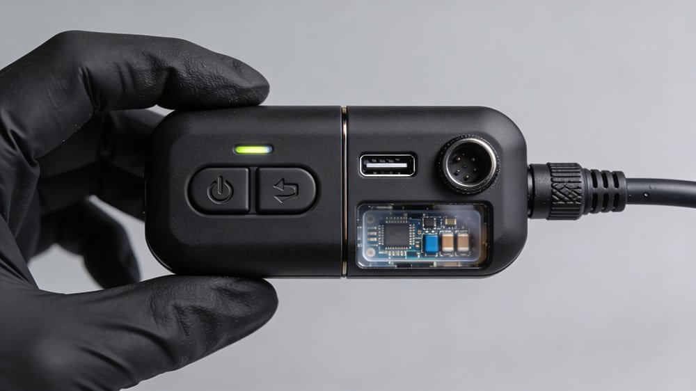 Smart heating controller module showing circuit board housing with control buttons and connection ports