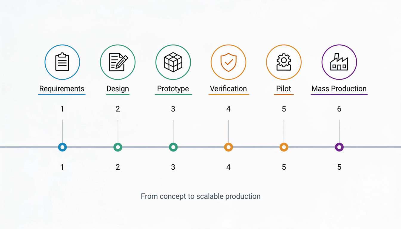 Product development timeline: Requirements, Design, Prototype, Verification, Pilot, Mass Production
